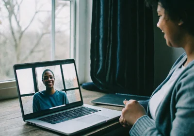 Woman at home on a laptop for an online therapy session for adults with autism.