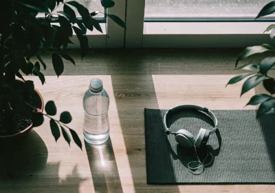 Yoga mat and headphones for healthy ways to cope with stress and prevent emotional exhaustion.