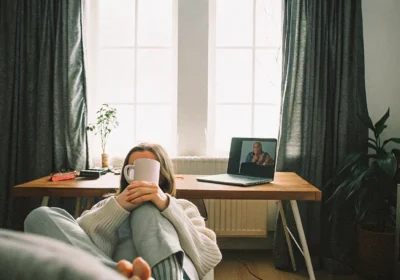 Woman at home using online therapy for PTSD to help manage flashbacks and anxiety attacks.